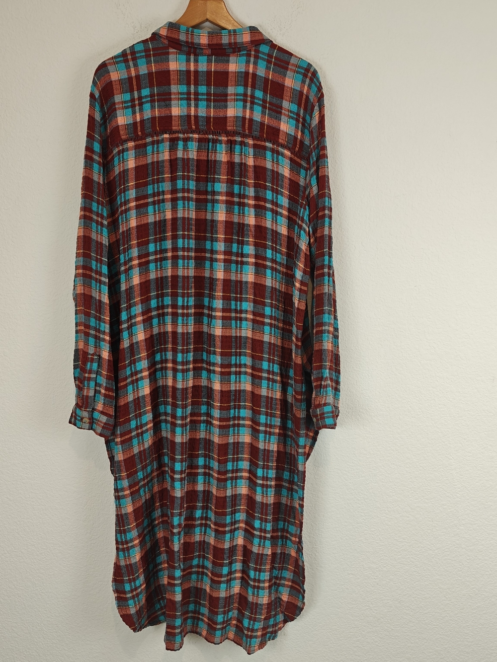 Pilcro Long Plaid Button-Down Shirt Dress in Burgundy and Teal - Picture 13 of 16
